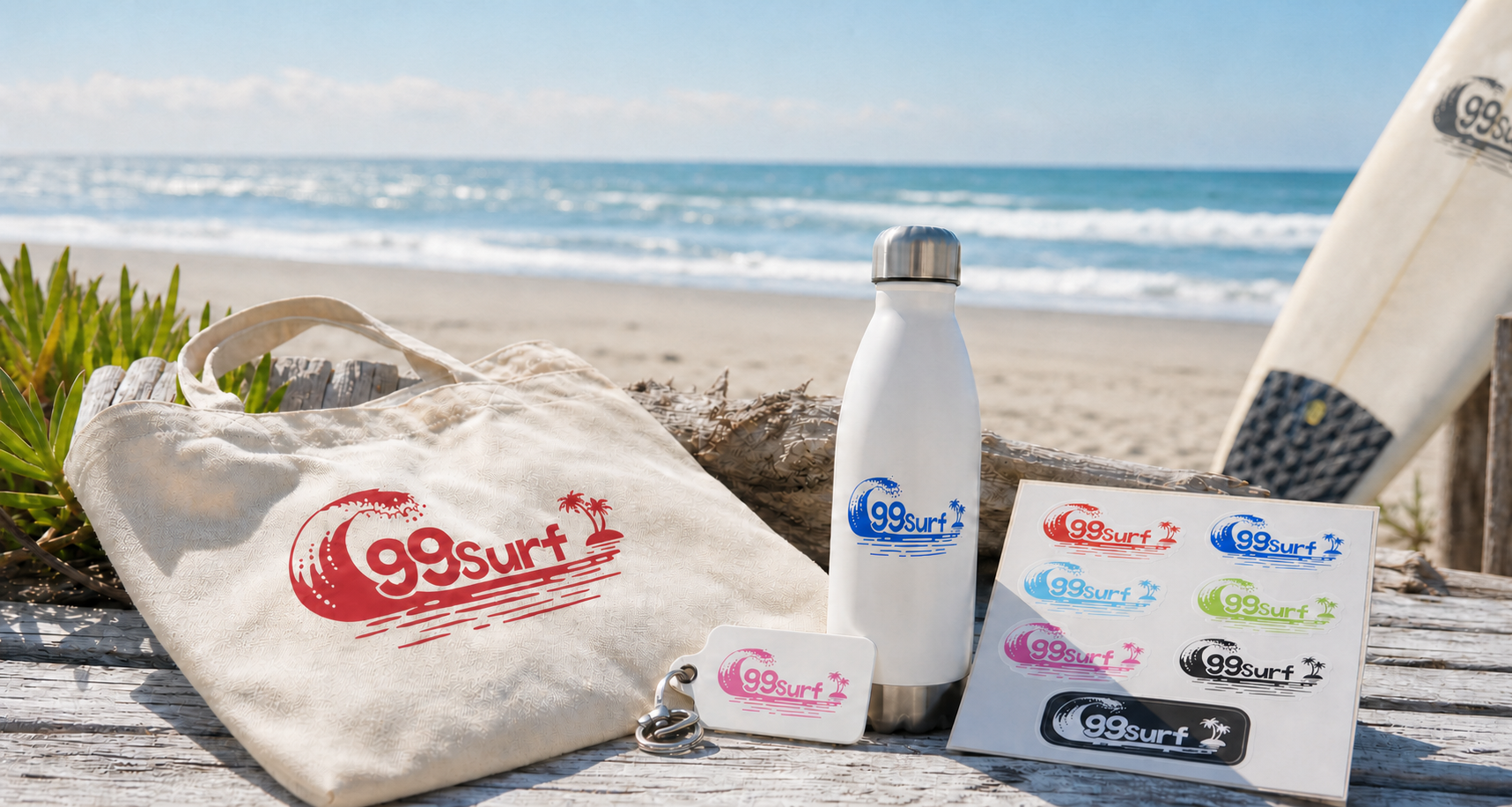 海辺に並ぶ99surfロゴ入りカラーアイテムの参考イメージ
